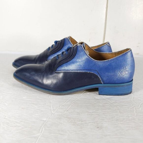 John Fluevog Women's City Angels Istanbul US7,5 Blue Leather Fluttered Oxfords - Picture 2 of 14